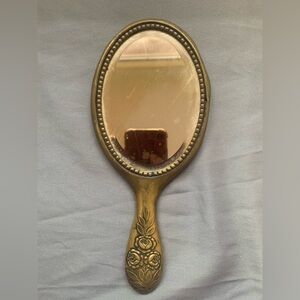 Antique Victorian Brass Floral Repousse Motif W/ Bee Handheld Vanity Mirror